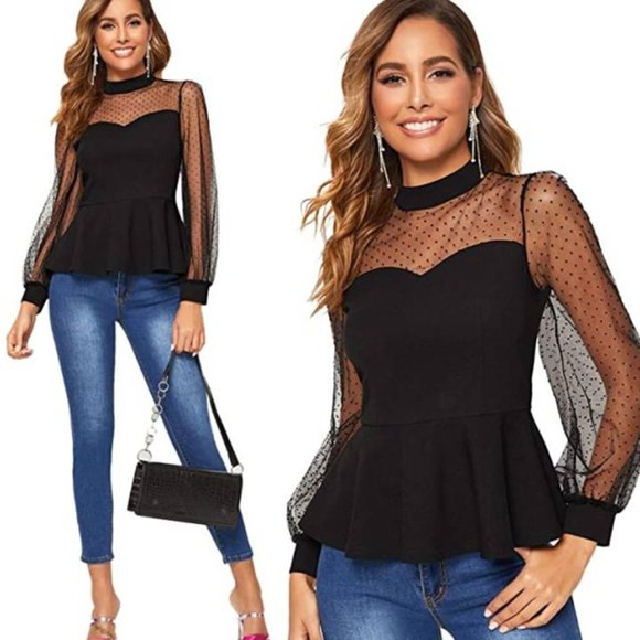 Angela Anne Tops - NWT Boho Mesh Peplum Blouse